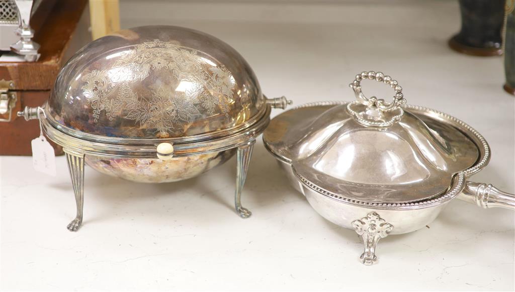 A good quality late 19th century silver-plated warming dish, of clover form, with a shaped cover,